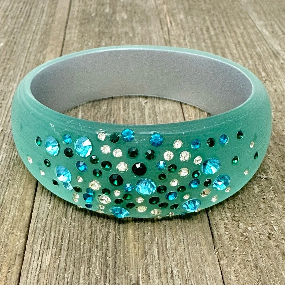Teal Blue Green Acrylic Rhinestone Thick Bangle Bracelet